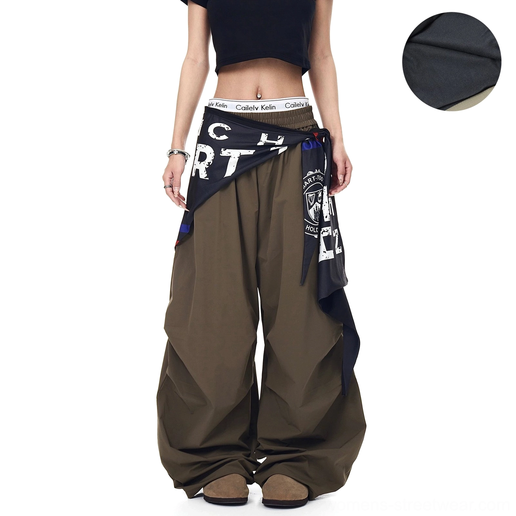 Statement wide-leg cargo pants with dramatic stacked hems, varsity graphic scarf layer, and relaxed Seoul-inspired streetwear proportions