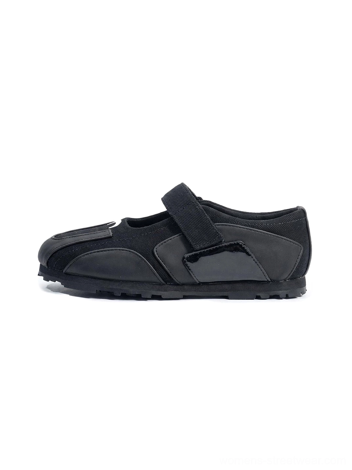Minimal all-black Velcro sport ballet Mary Jane sneakers side profile on white background