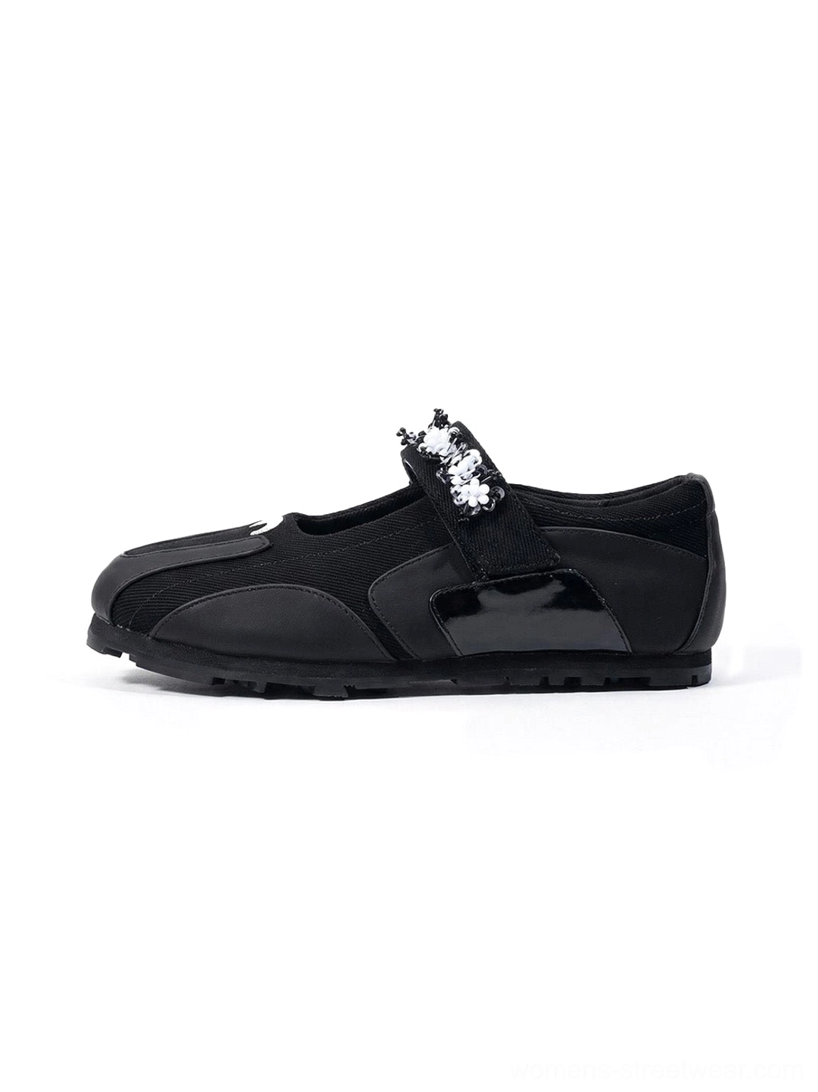 Black embellished sport ballet Mary Jane sneakers with decorative Velcro strap detail side view