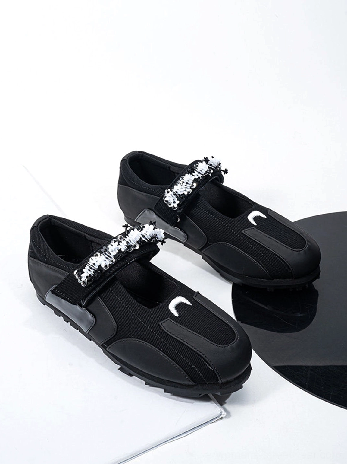 Mixed-material Velcro sport ballet Mary Jane sneakers with retro athletic flat sole