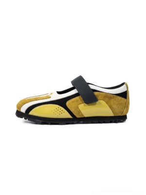 Yellow and black color-block Velcro sport ballet Mary Jane sneakers front view on white background