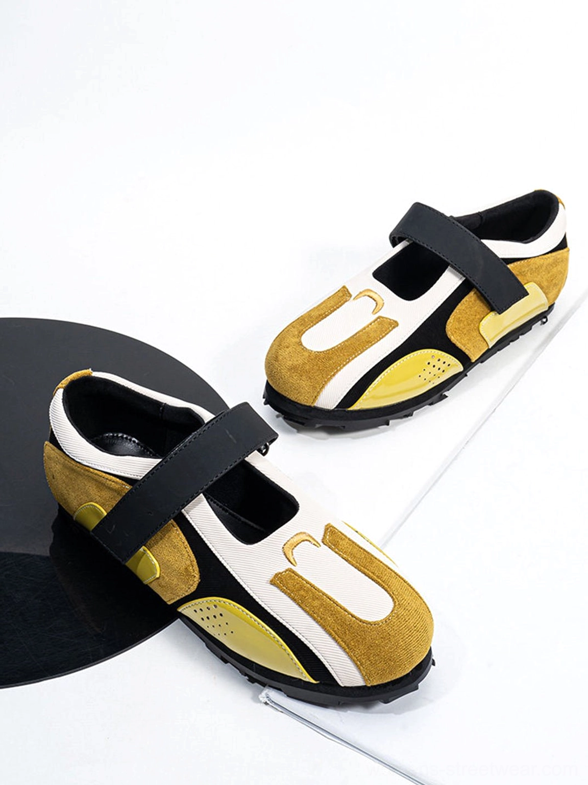 Yellow color-block Velcro sport ballet Mary Jane sneaker pair side view with flexible flat soles