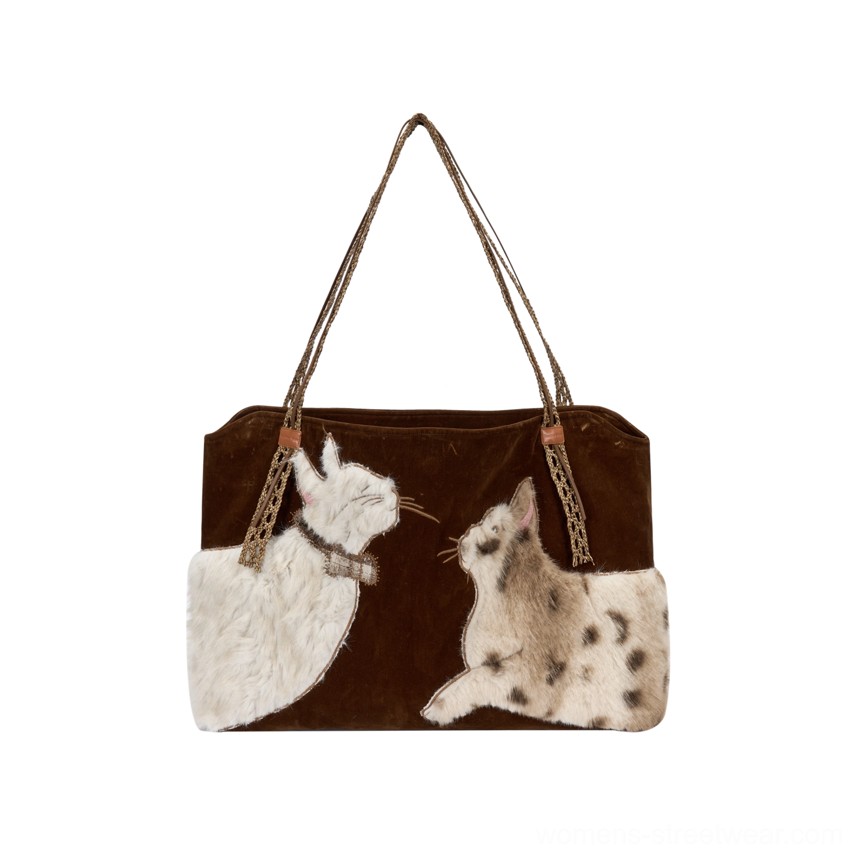 Velvet cat plush tote bag in Normal F size with braided-look handles and statement Y2K streetwear appeal