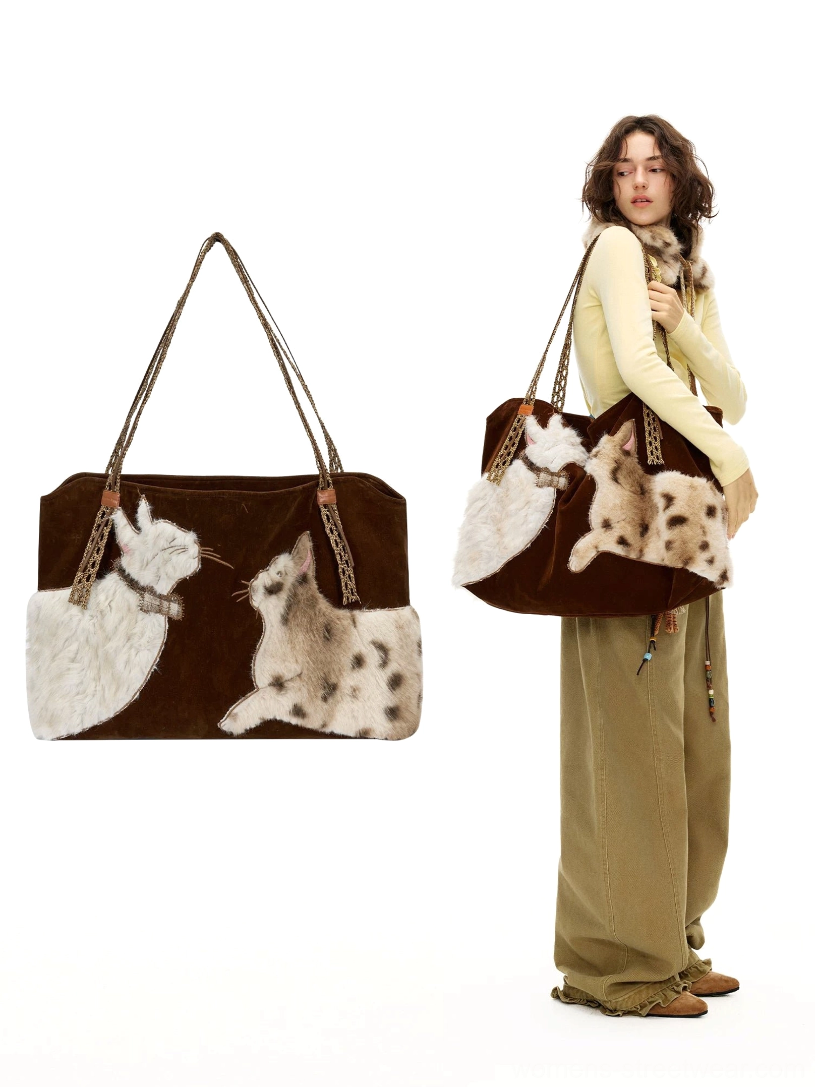 Velvet cat plush tote bag shown in Y2K streetwear styling with dark brown velvety body, dual cat appliques, and reinforced carry handles