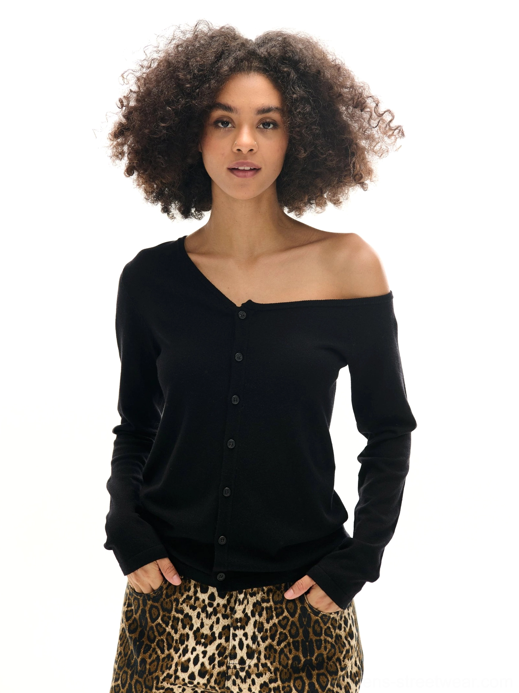 Versatile asymmetrical knit cardigan with exposed shoulder detail for contemporary streetwear layering