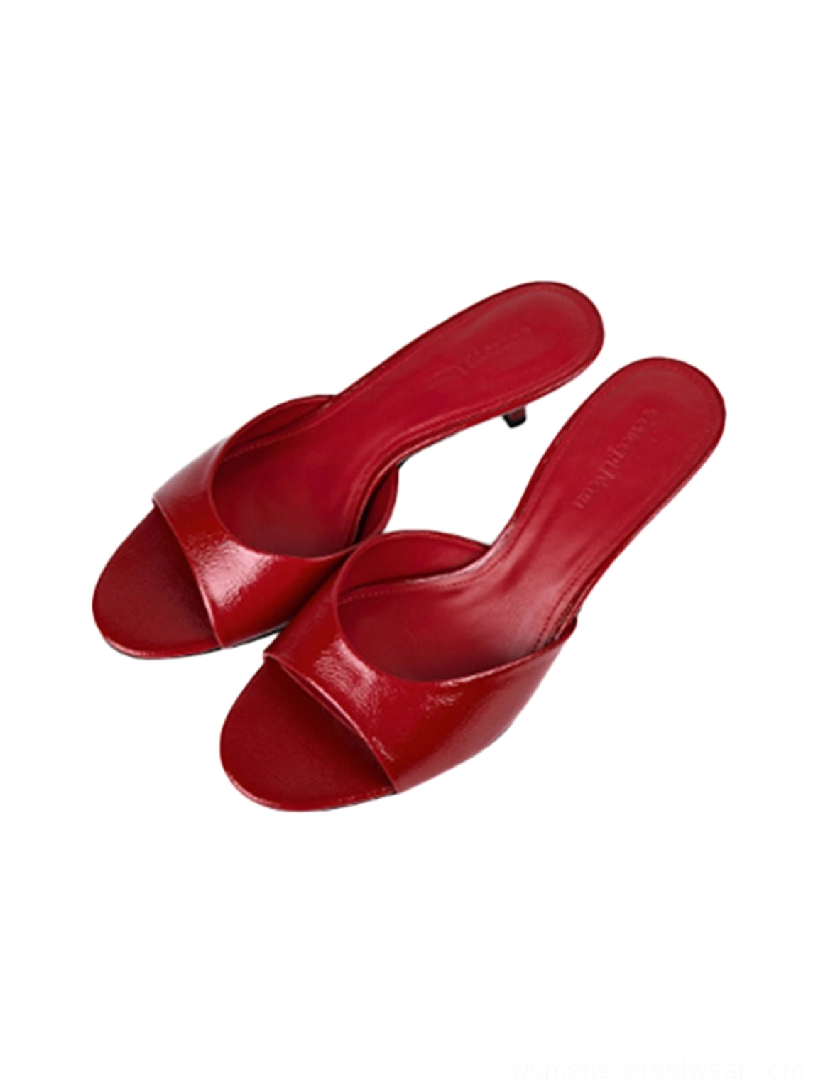 Versatile women's patent mules with slip-on back, open square toe, and tapered kitten heel