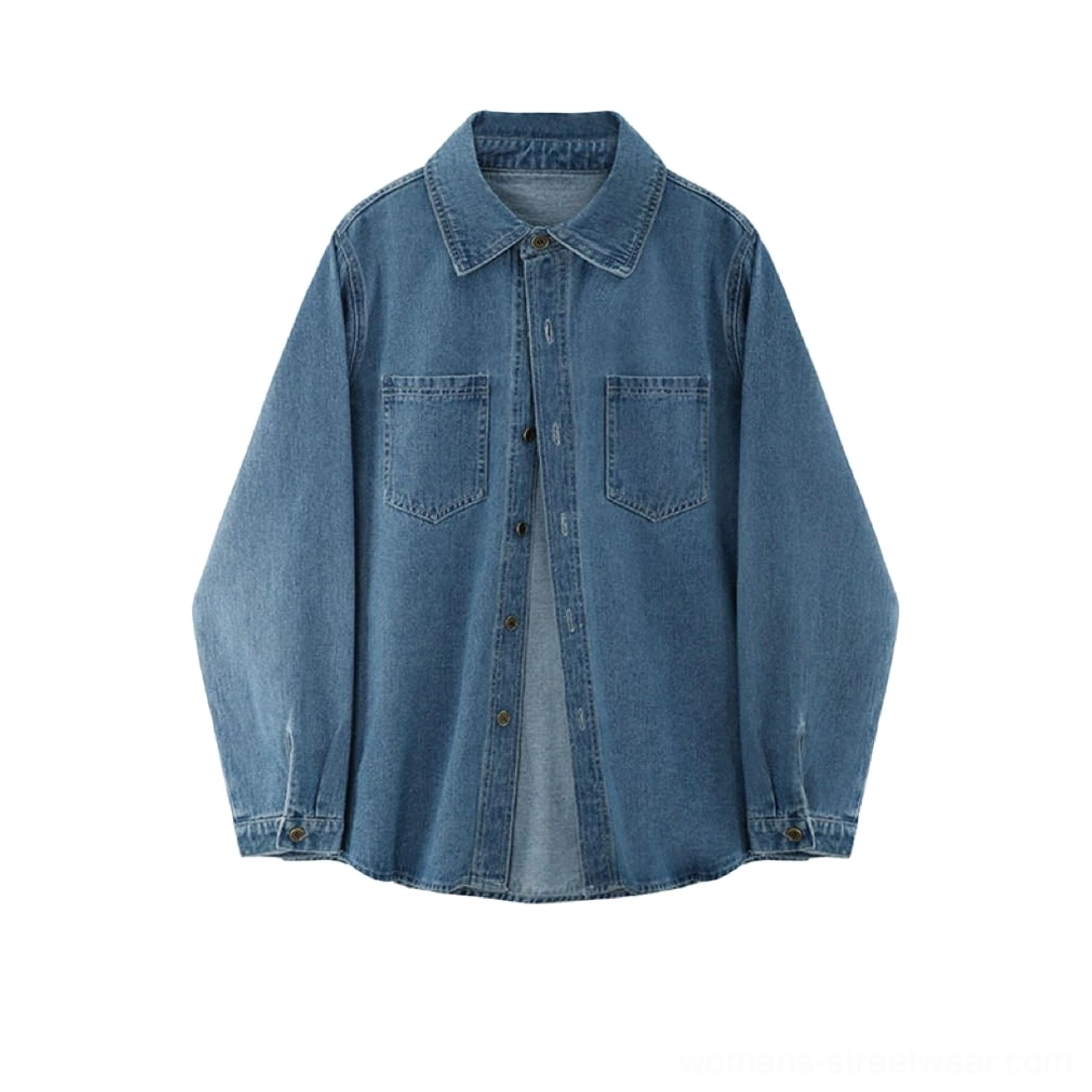 Versatile women's vintage denim shirt jacket in washed dark blue, suitable for autumn outfits, casual layering, and travel