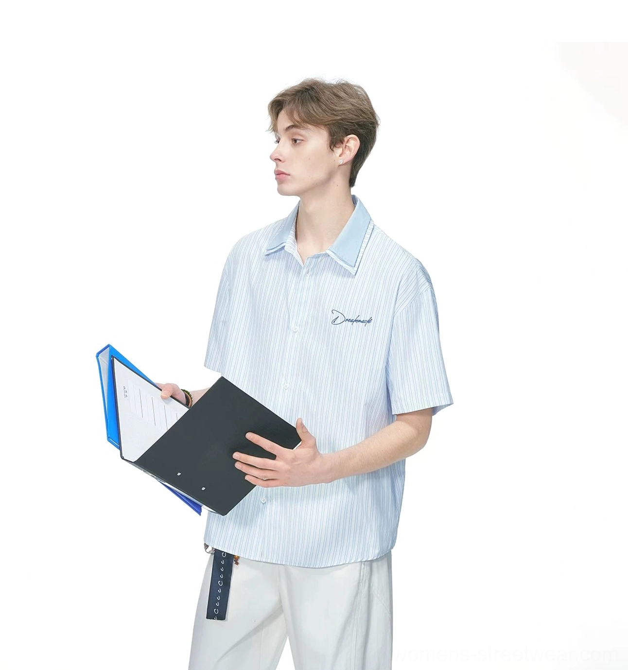 Vertical striped short sleeve streetwear button shirt with loose silhouette contrast collar and breathable summer fabric