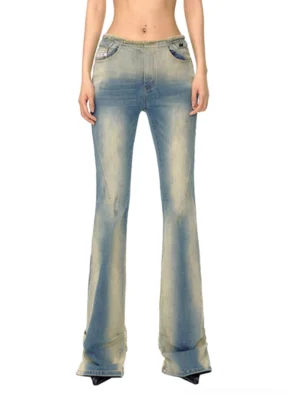 Vintage acid wash high-stretch flared denim jeans shown from the front with raw frayed waistband and full-length flare