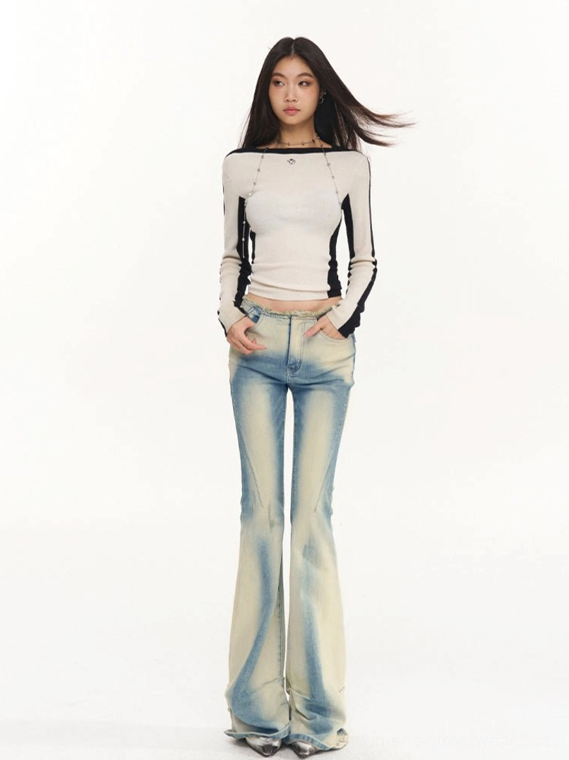 Vintage acid wash high-stretch flared denim jeans product image in faded blue with low-rise Y2K streetwear styling