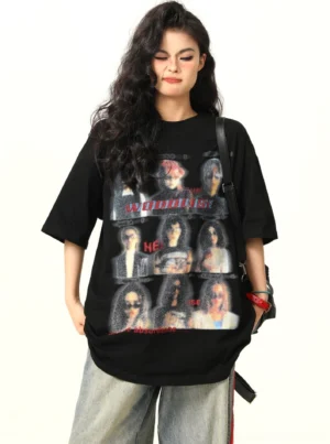 Black oversized vintage band graphic t-shirt with faded portrait print and relaxed drop shoulder fit