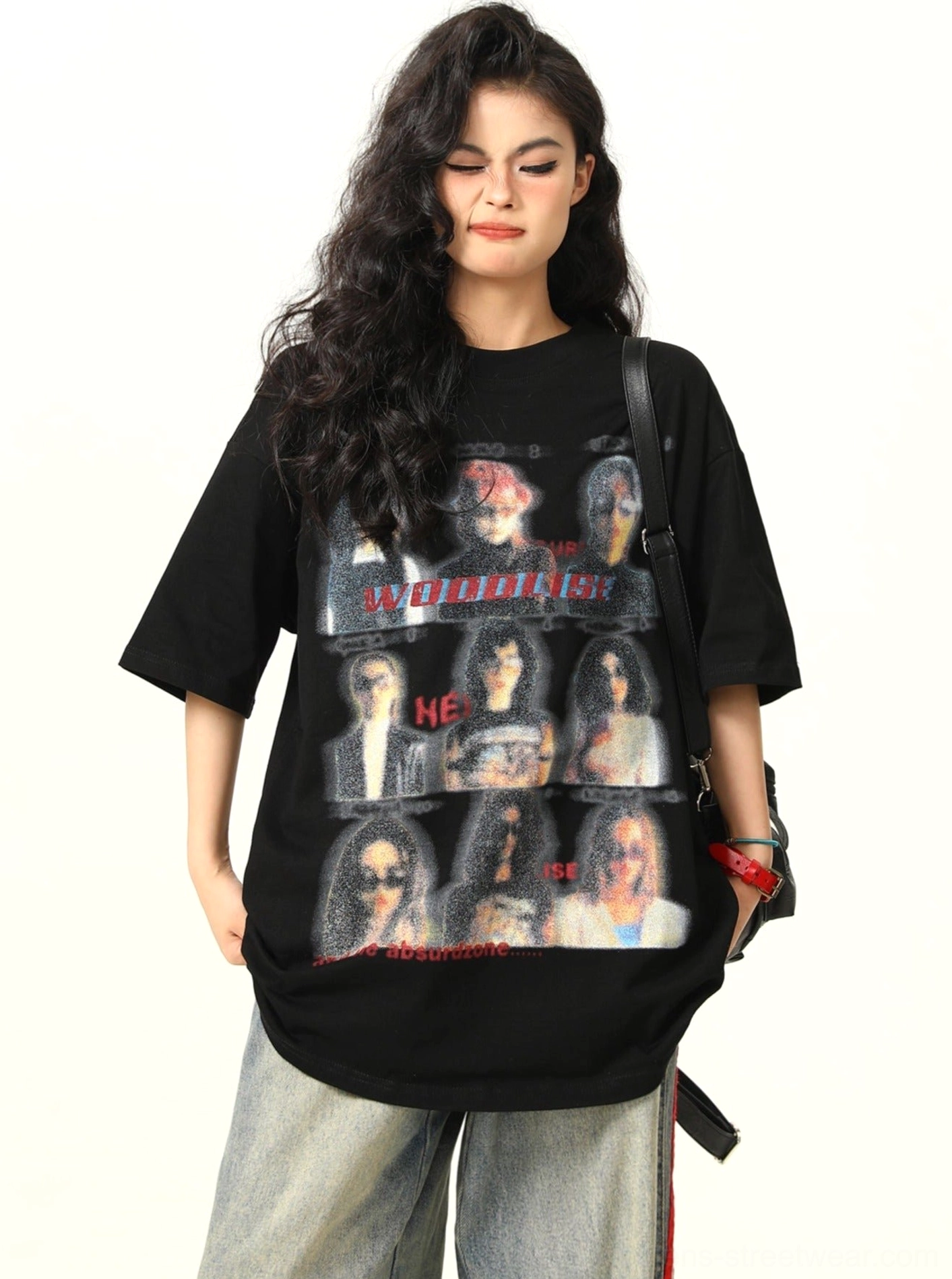 Black oversized vintage band graphic t-shirt with faded portrait print and relaxed drop shoulder fit