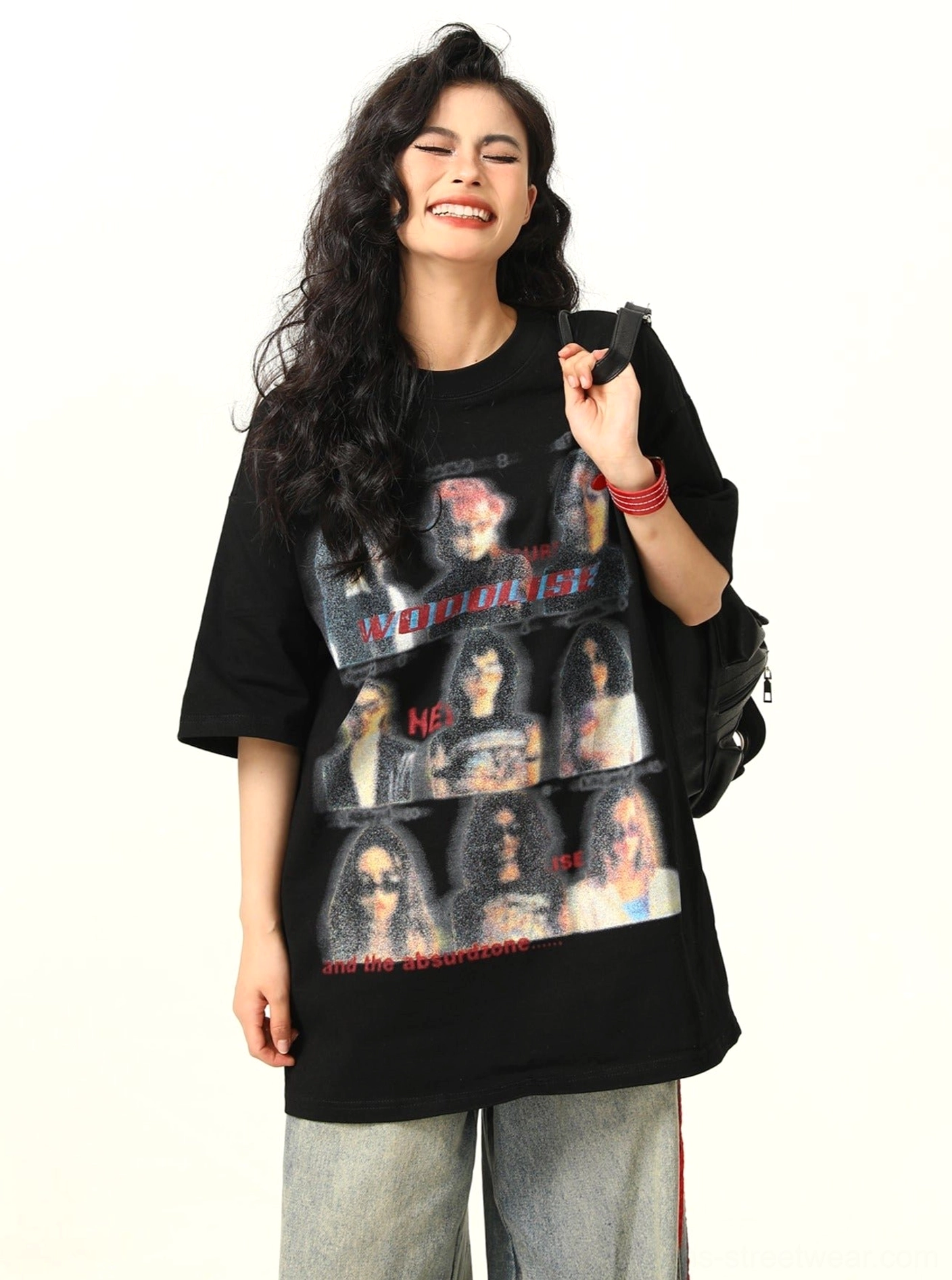 Black retro band print oversized t-shirt styled as a casual Korean streetwear outfit
