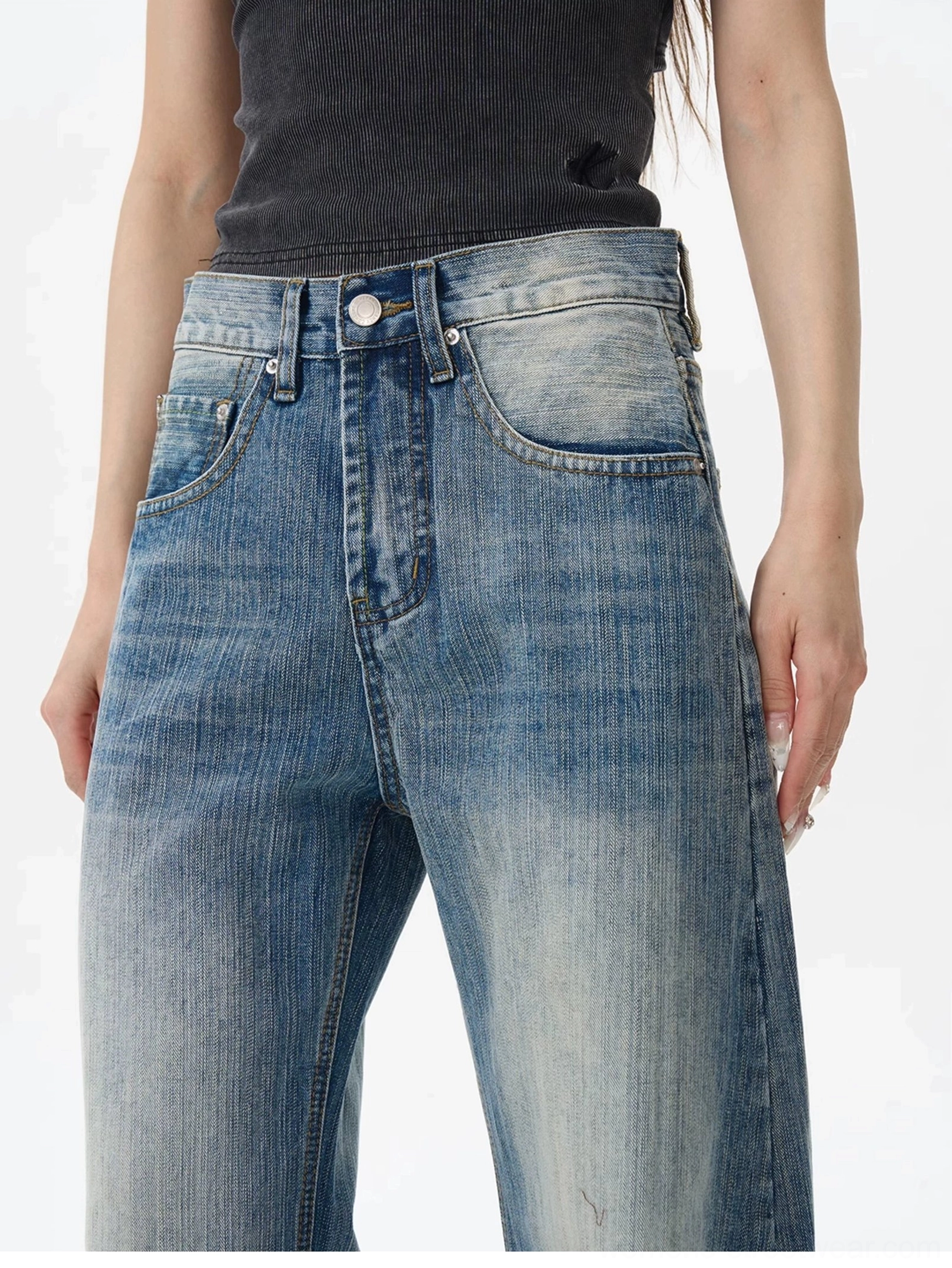Vintage blue heavy distressed wide leg denim jeans streetwear product detail view