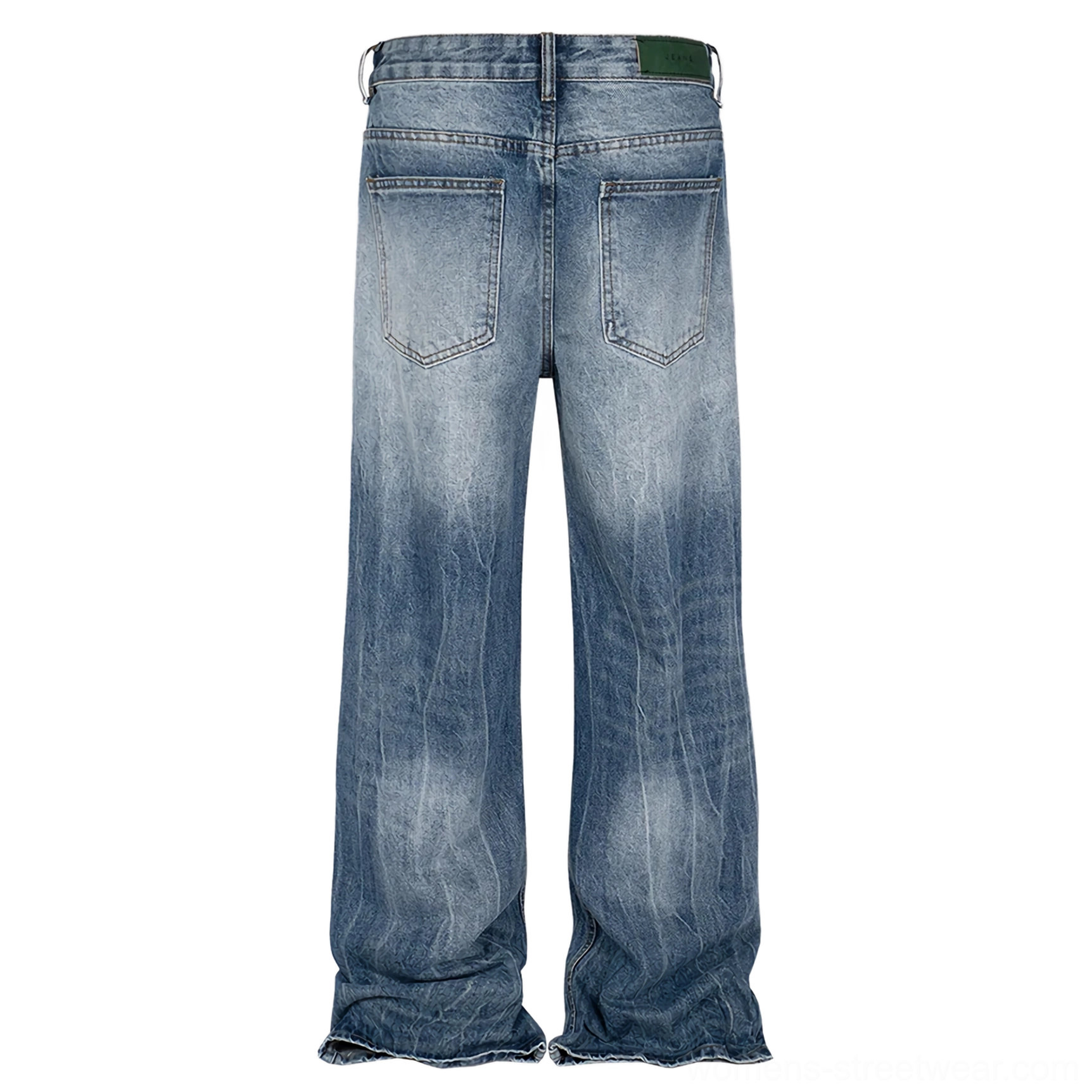 Back view of vintage blue wide-leg streetwear jeans showing rear patch pockets, faded denim texture, waistband detail, and frayed hems