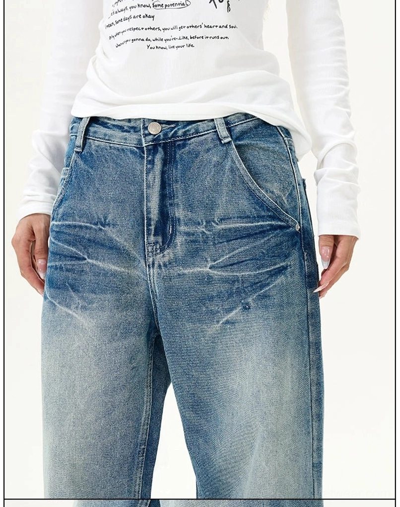 Close-up of vintage blue wide-leg jeans featuring button fly closure, belt loops, stitching, and faded crease texture