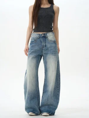 Close-up front view of vintage blue wide-leg jeans showing the relaxed silhouette, high-rise waistband, natural denim color gradient, and classic front pockets