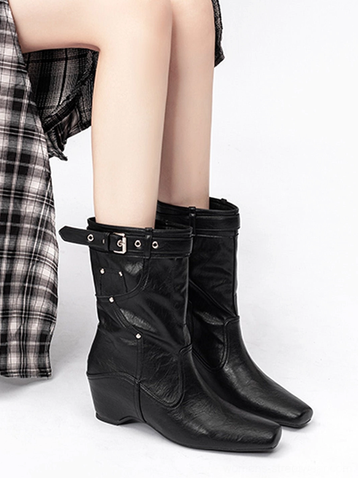 Vintage brown buckle-cuff western ankle boots detailed product view with textured microfiber-leather upper