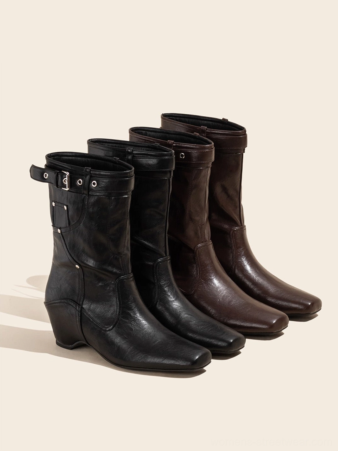 Vintage brown buckle-cuff western ankle boots side profile with squared toe and stacked low wedge heel