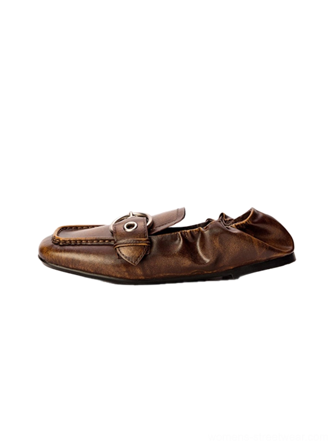 Vintage brown ruched buckle flats with square toe shown in front side top-down product view
