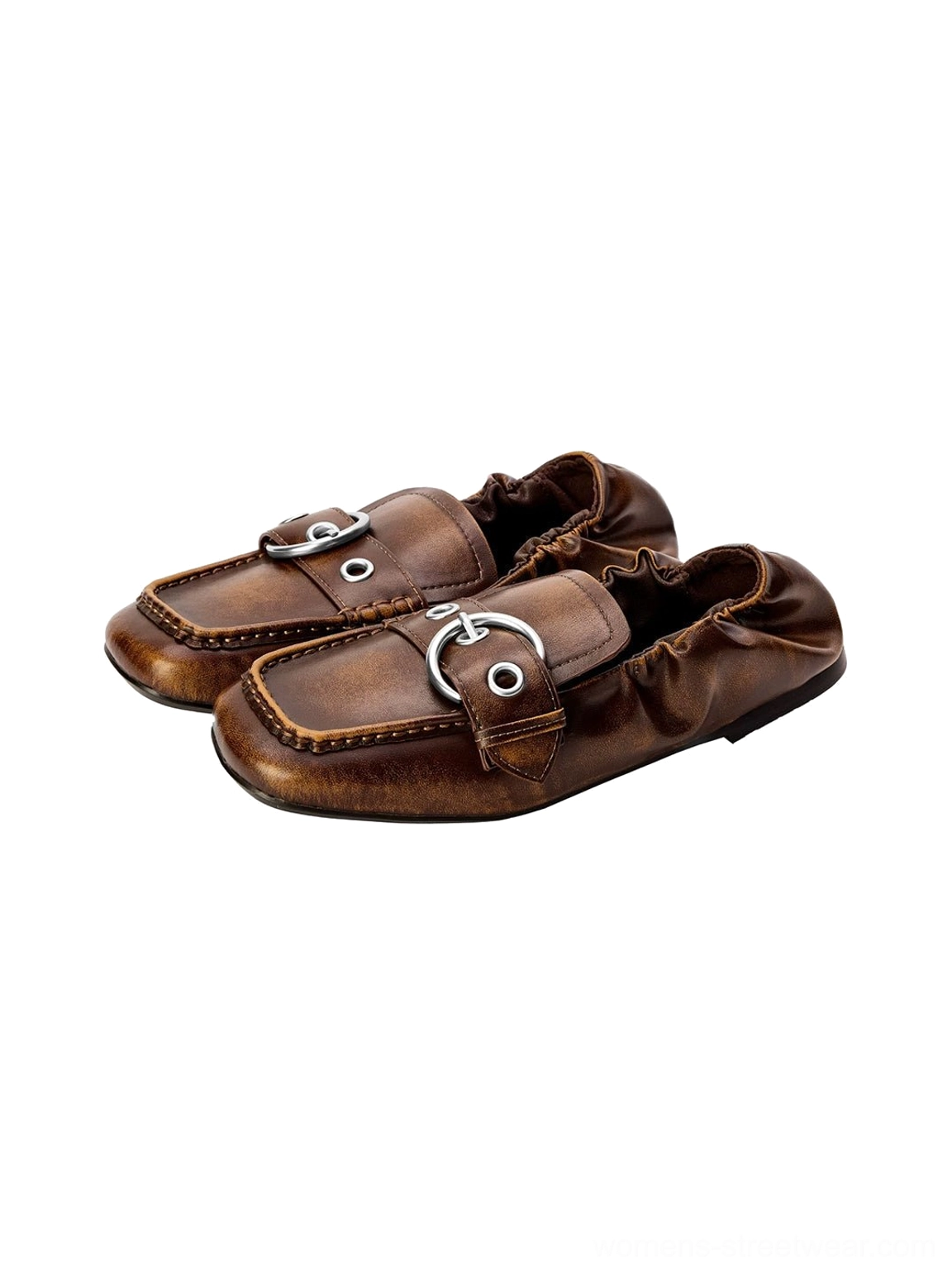 Pair of vintage brown ruched buckle flats with square toes shown in three-quarter studio product view