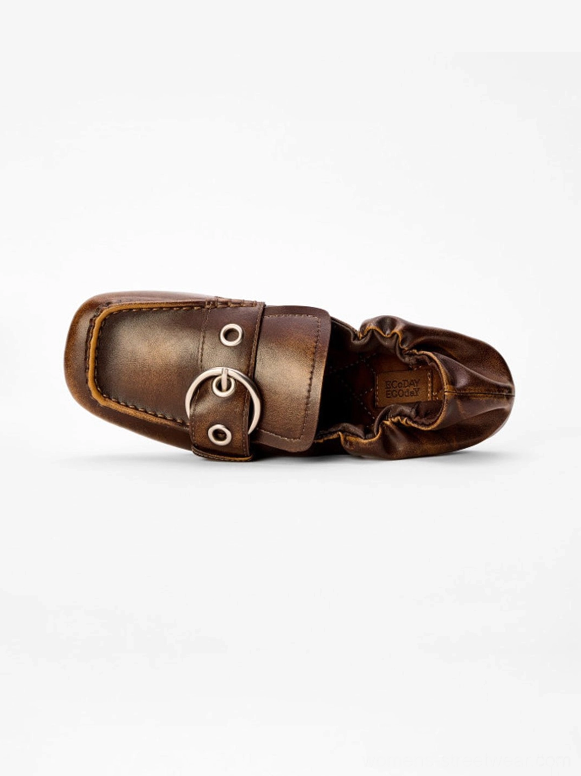 Vintage brown ruched buckle flats with square toe detailed product view