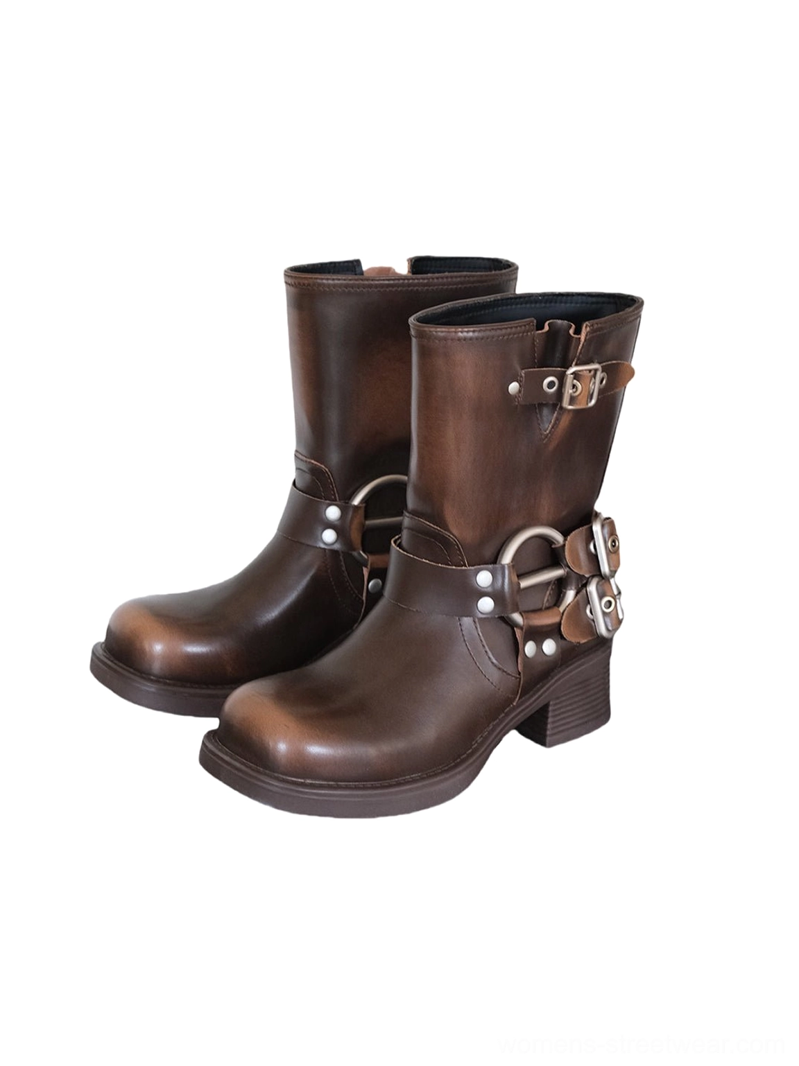 Vintage brown square-toe genuine leather Western boots with silver double buckles and low chunky block heels