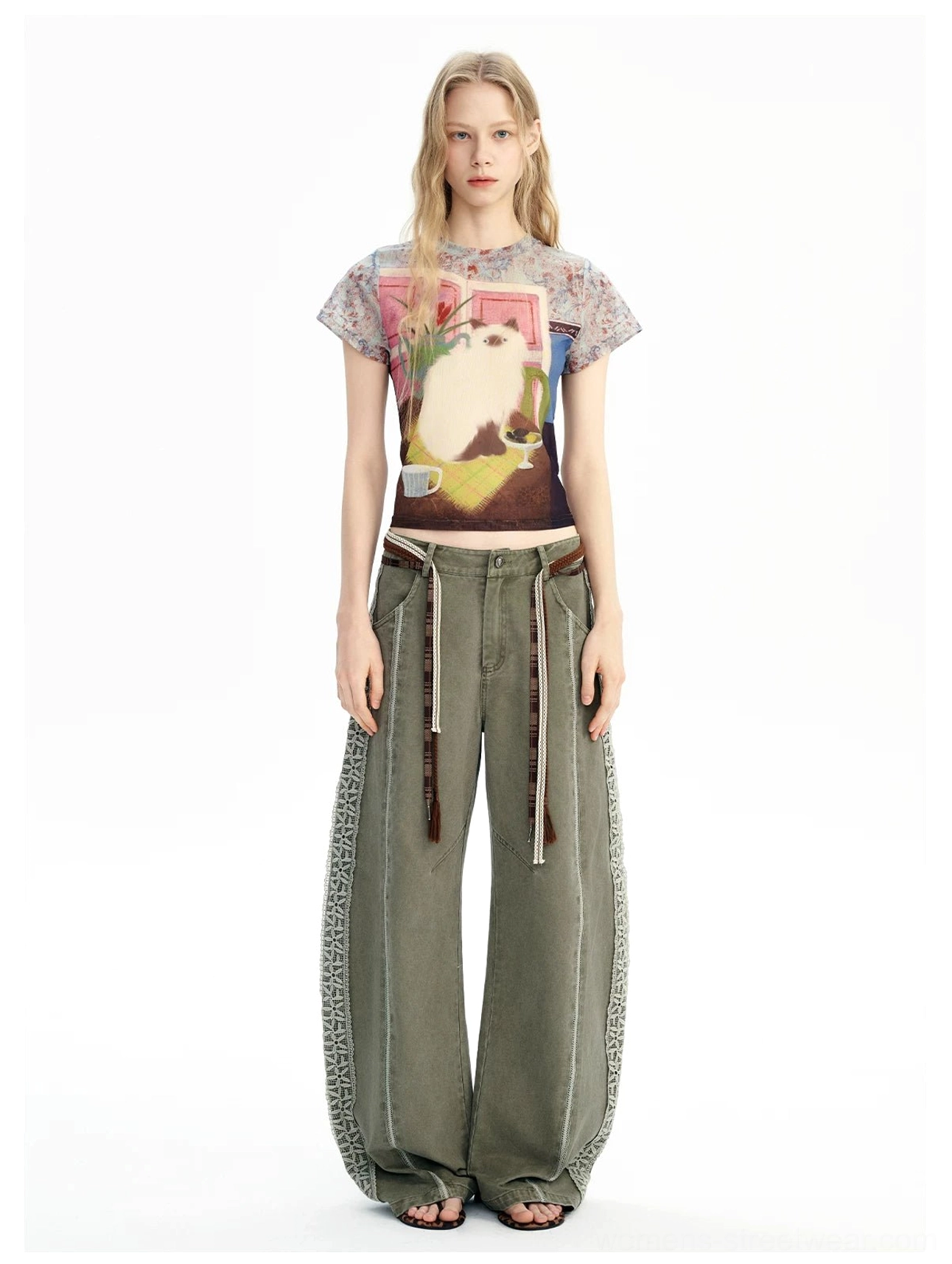 Cropped vintage cat dreamscape sheer mesh graphic baby tee full outfit front view