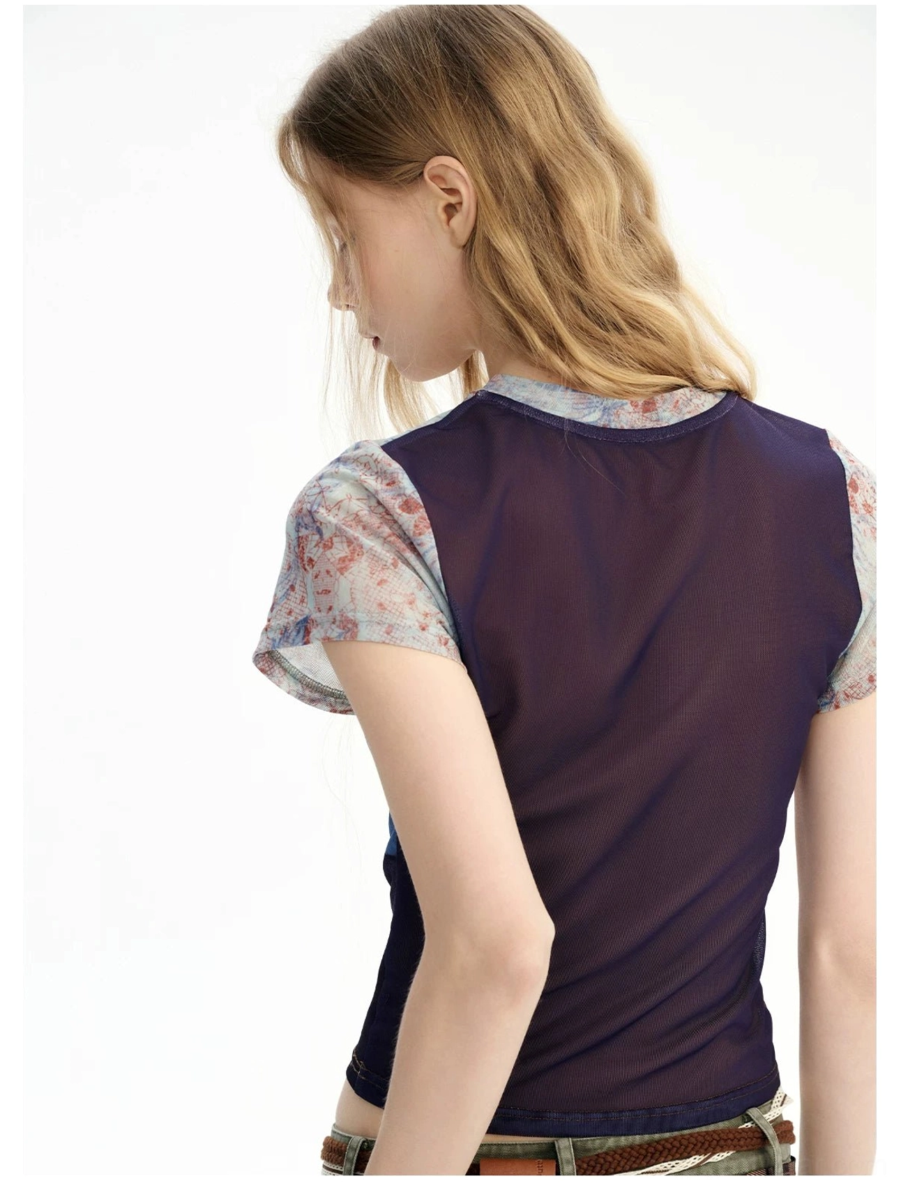 Vintage cat dreamscape sheer mesh graphic baby tee back view showing dark purple sheer panel
