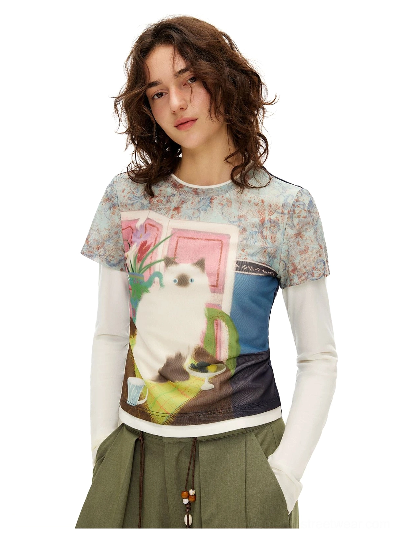 Vintage cat dreamscape sheer mesh graphic baby tee fabric and print detail for women