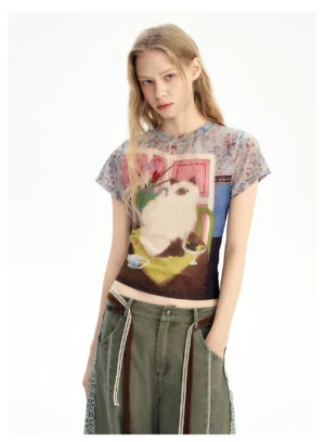 Vintage cat dreamscape sheer mesh graphic baby tee front view with floral contrast sleeves