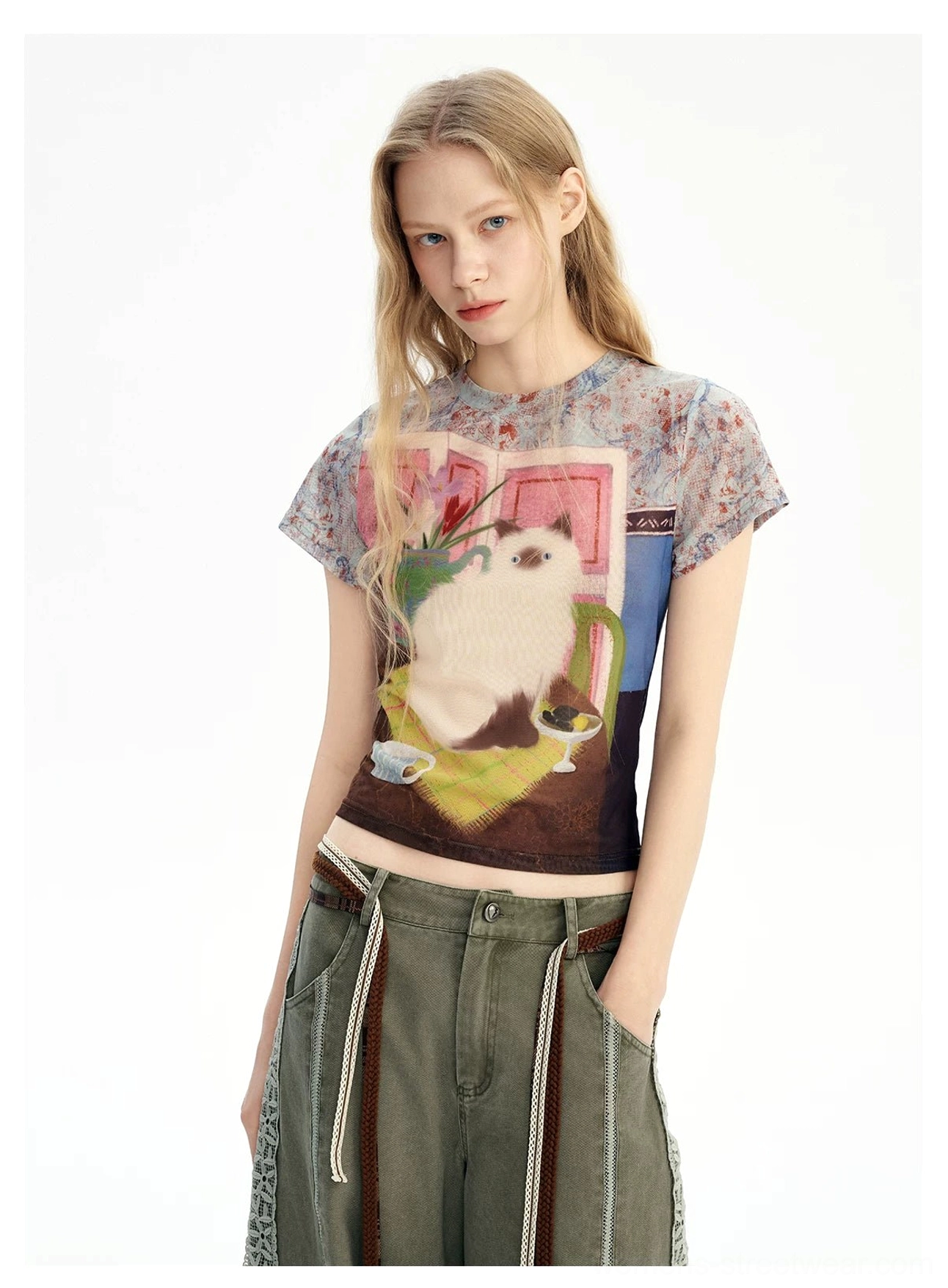 Vintage cat dreamscape sheer mesh graphic baby tee front view with floral contrast sleeves