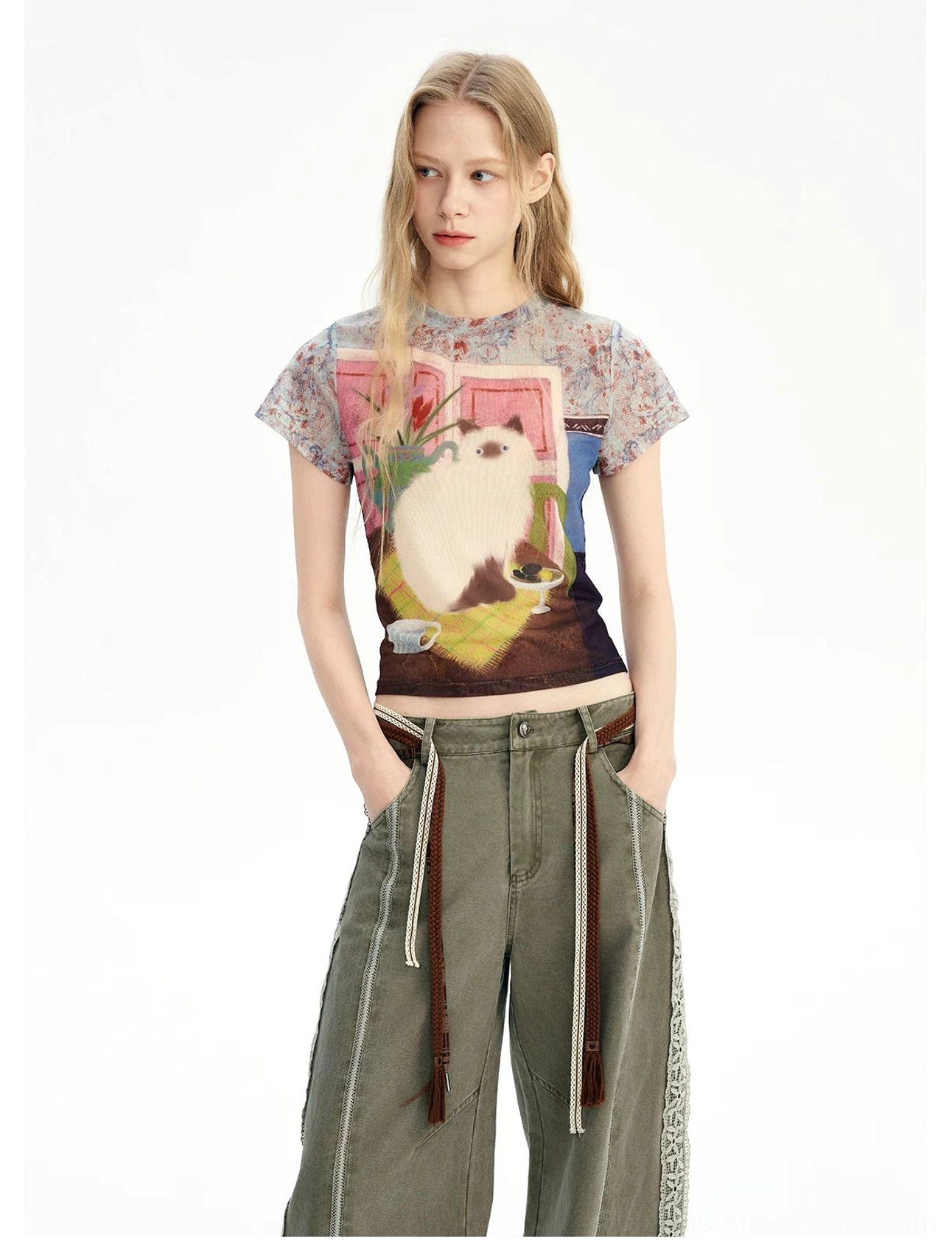 Vintage cat dreamscape sheer mesh graphic baby tee paired with high waisted drawstring trousers