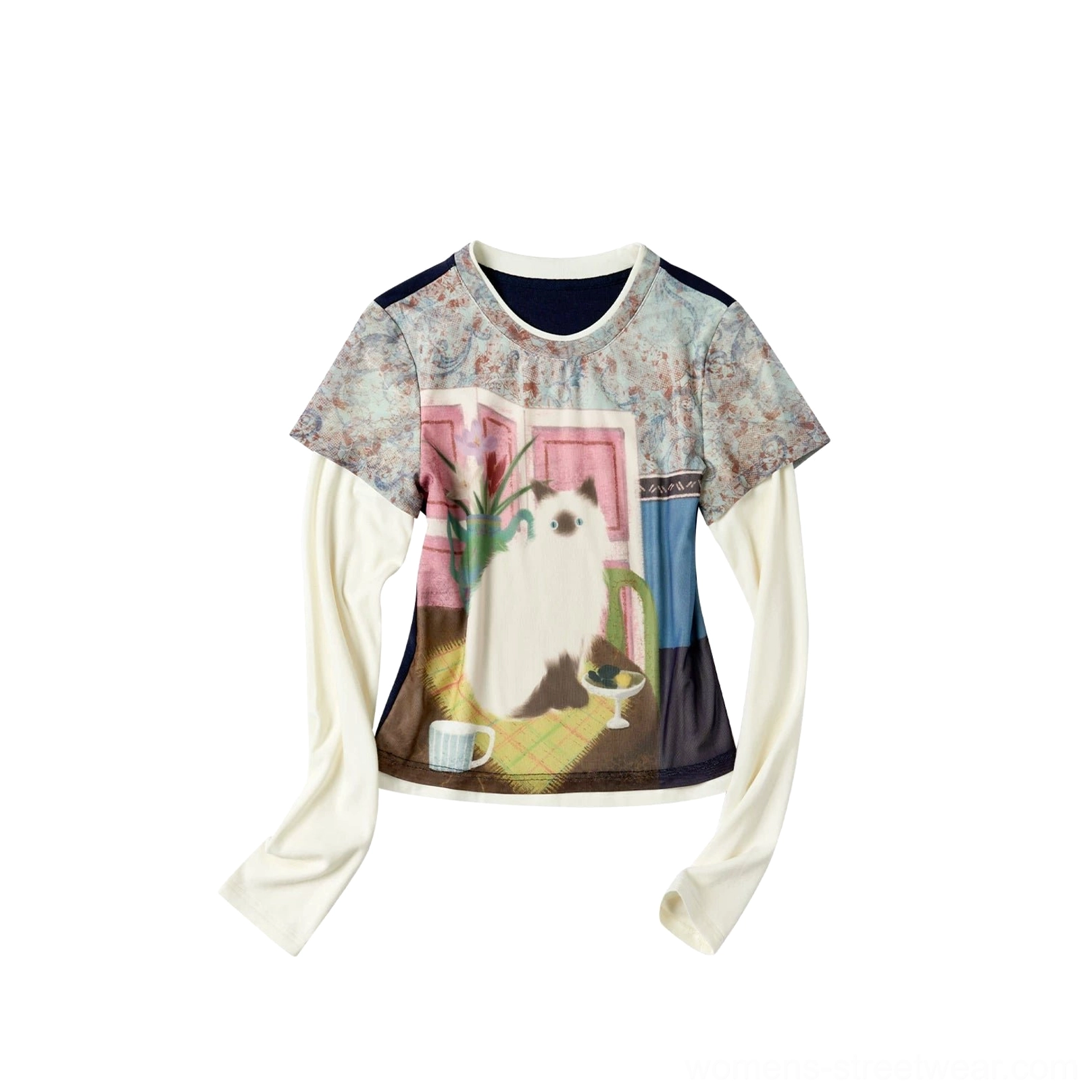 Vintage cat dreamscape sheer mesh graphic baby tee long sleeved floral pattern variation