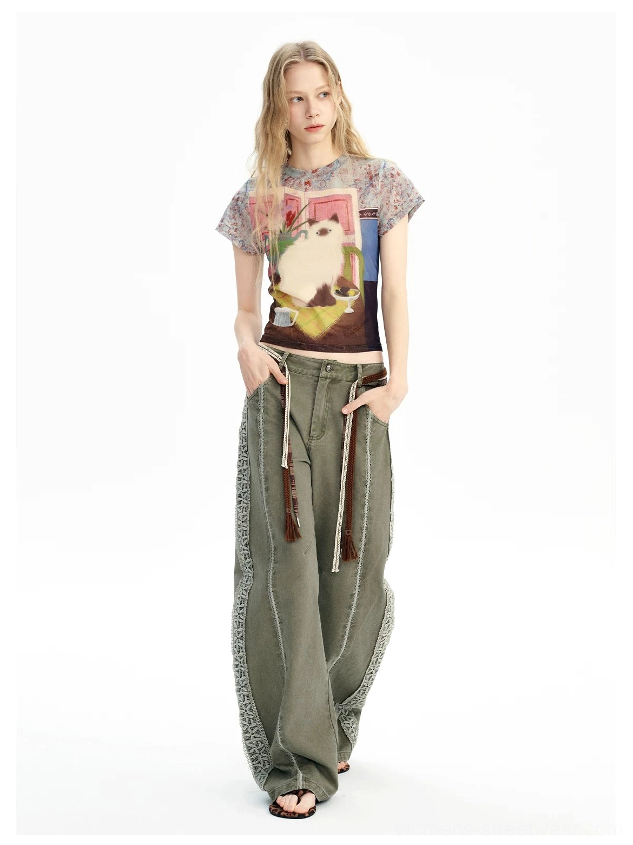 Vintage cat dreamscape sheer mesh graphic baby tee styled with olive wide leg streetwear trousers