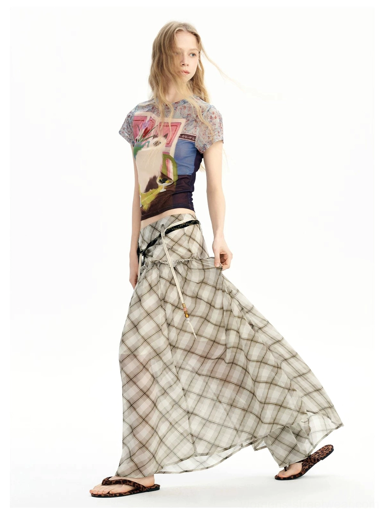 Vintage cat dreamscape sheer mesh graphic baby tee styled with a flowing plaid maxi skirt