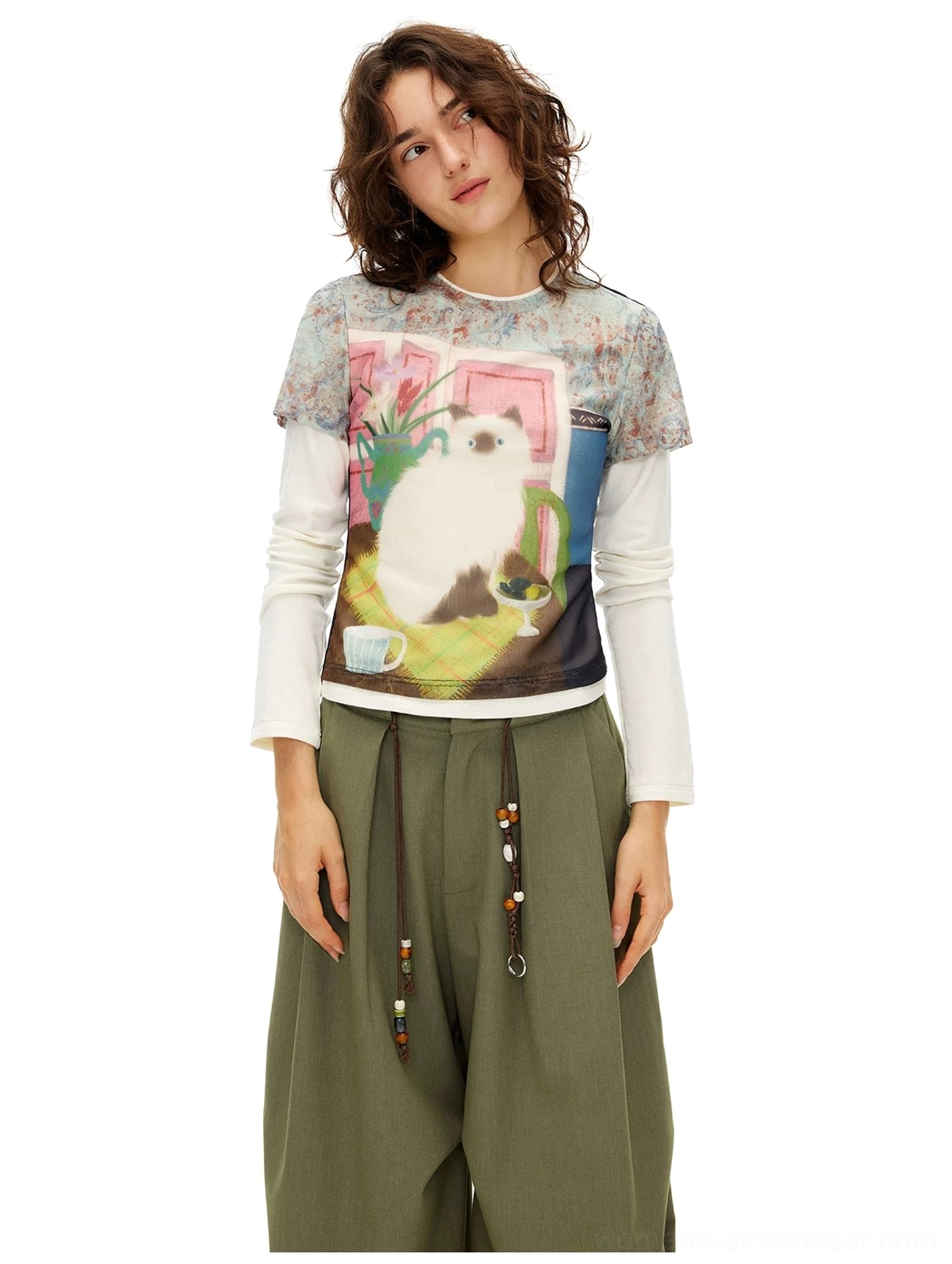 Vintage cat dreamscape sheer mesh graphic baby tee vintage inspired cat artwork detail