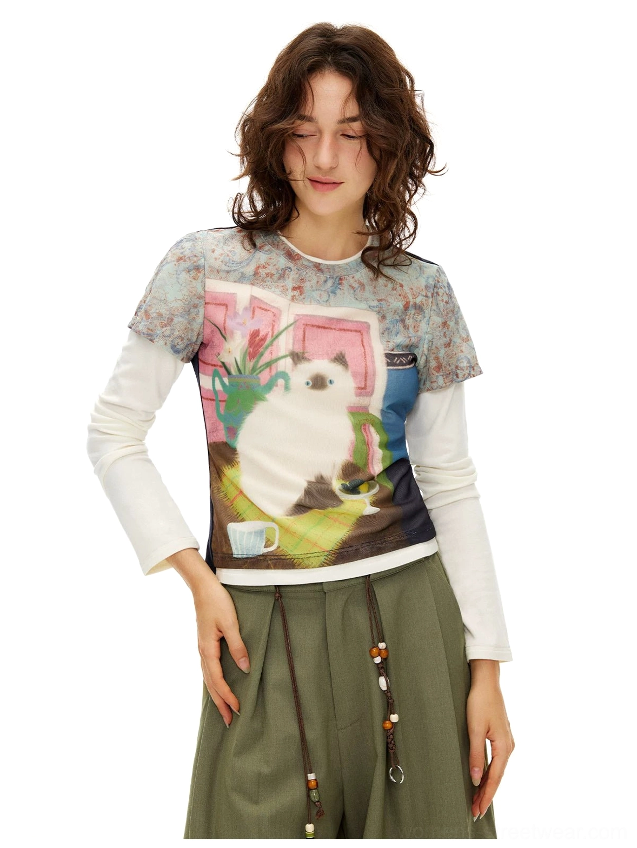 Vintage cat dreamscape sheer mesh graphic baby tee women's streetwear styling view