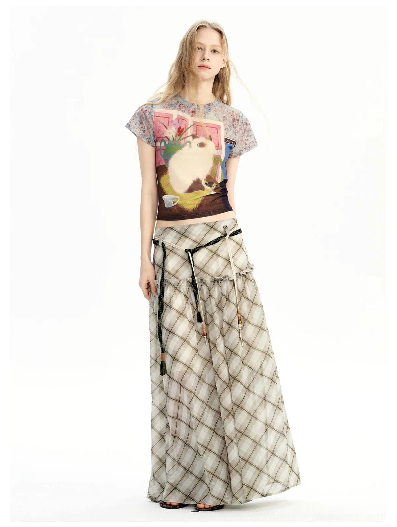 Vintage cat dreamscape sheer mesh graphic baby tee styled in a feminine Y2K plaid skirt outfit