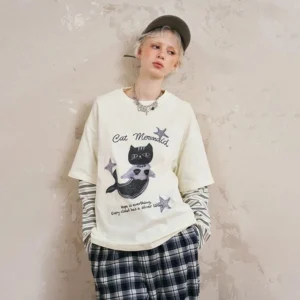 Vintage cat mermaid graphic faux-layered tee with striped long sleeves in off-white Korean streetwear style