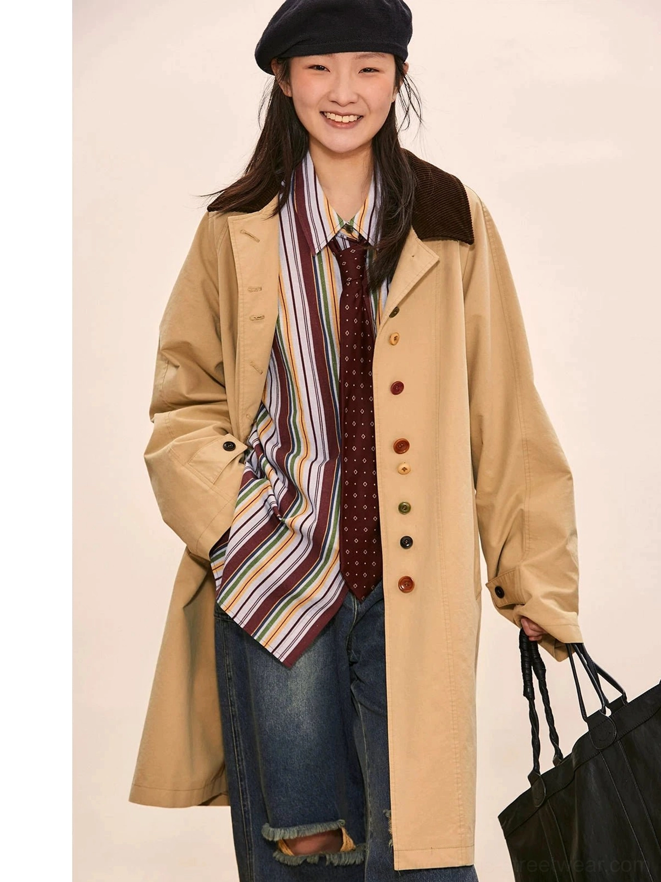 Khaki vintage oversized streetwear coat with corduroy contrast collar, colorful buttons, striped shirt, polka dot tie, ripped jeans, beret, and black tote bag