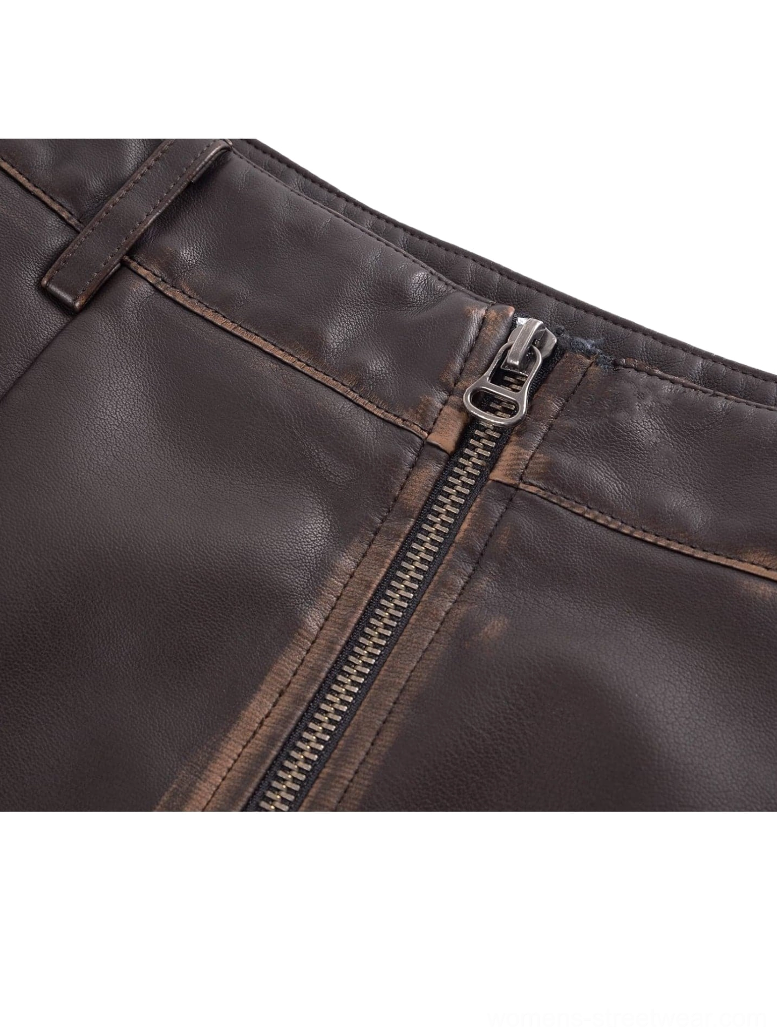 Vintage distressed brown faux leather cropped moto jacket and fitted mini skirt fashion product view