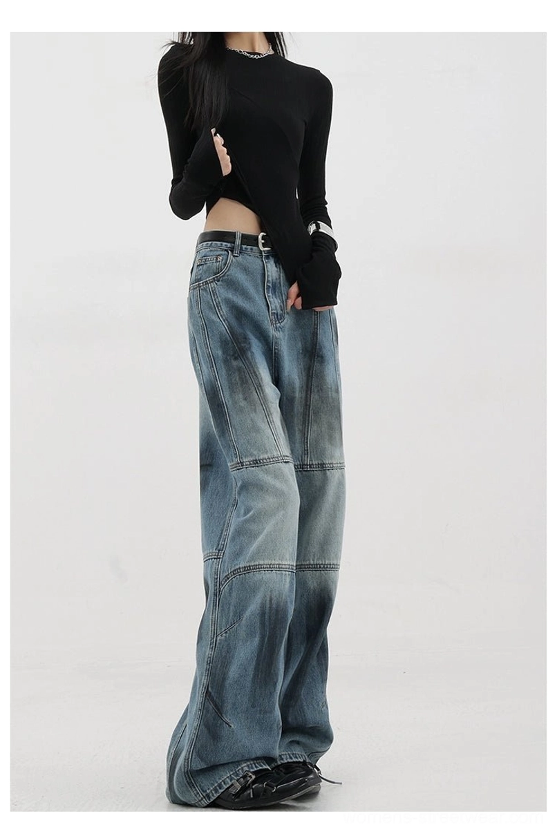 Vintage distressed wide-leg jeans detail photograph of multi-color option blue distressed style showing specific finish and ripped detail characteristic of this variation