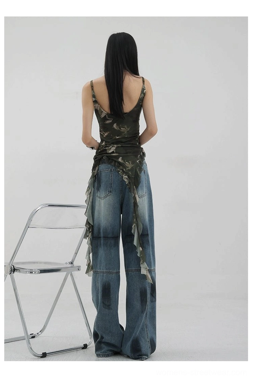 Vintage distressed wide-leg jeans care instructions visual guide showing washing drying storage and maintenance tips for longevity