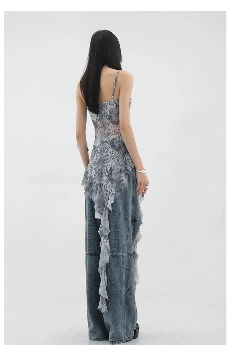 Vintage distressed wide-leg jeans cross-cultural fashion fusion showing how East Asian and Western grunge aesthetics combine in this statement piece design
