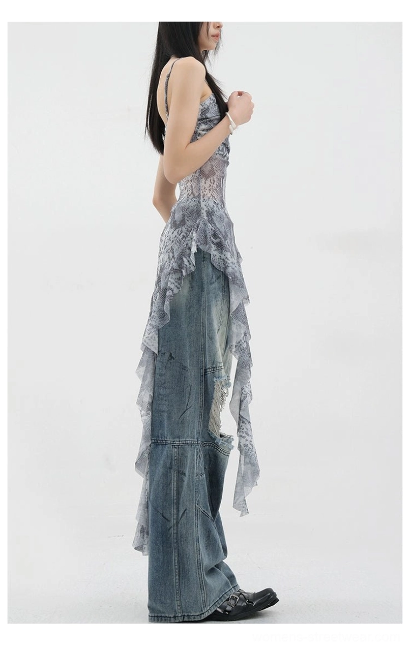 Vintage distressed wide-leg jeans detail photography of hardware construction stitching quality reinforced seams and authentic denim craftsmanship components