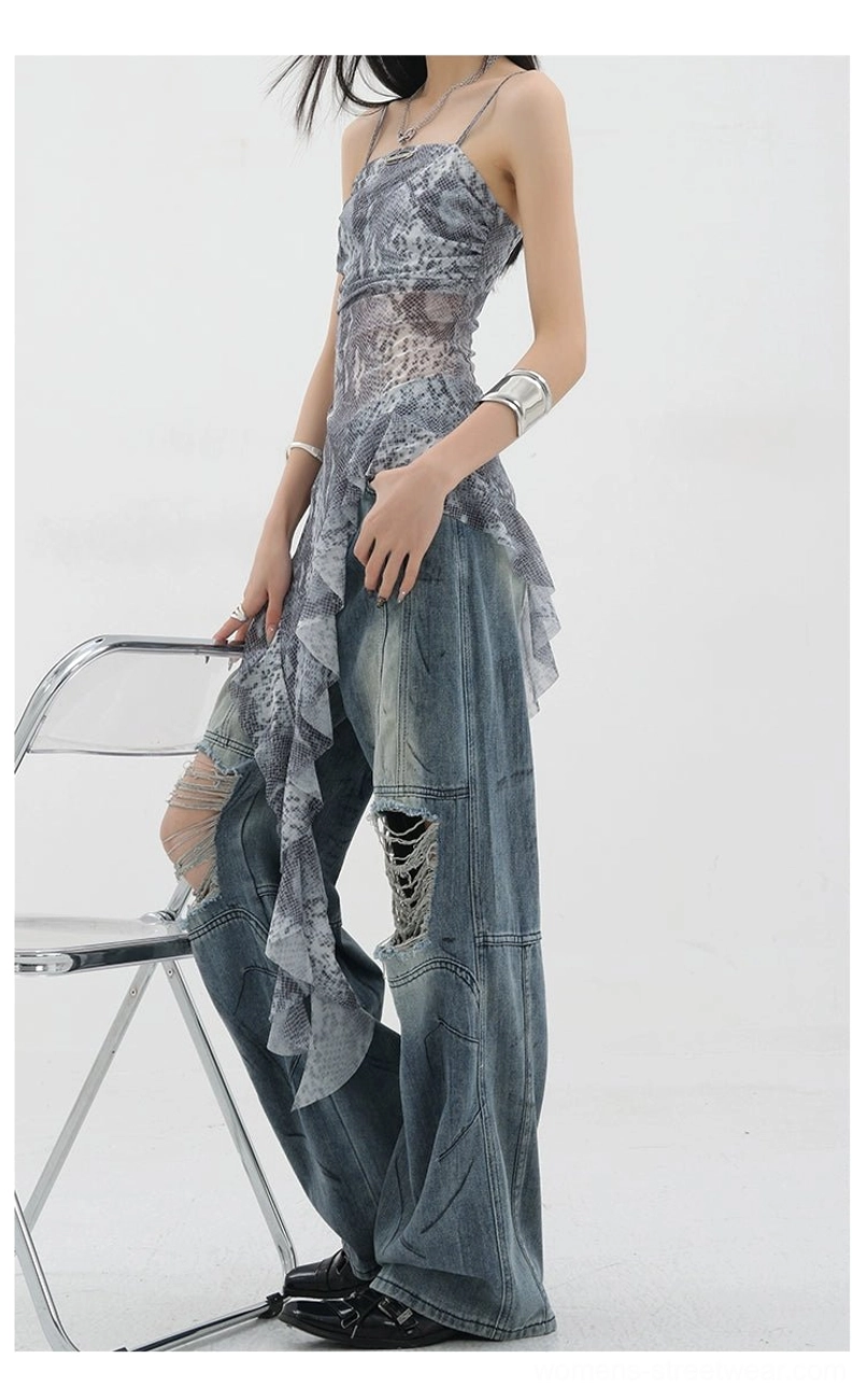 Vintage distressed wide-leg jeans high-fashion editorial featuring product styled with luxury accessories and contemporary design pieces for elevated grunge aesthetic