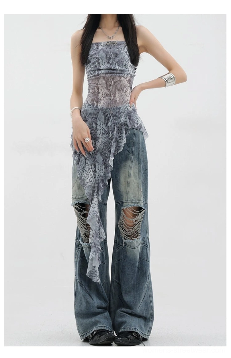 Vintage distressed wide-leg jeans influencer styling showcase featuring real customers wearing jeans in diverse settings demonstrating authentic product appeal