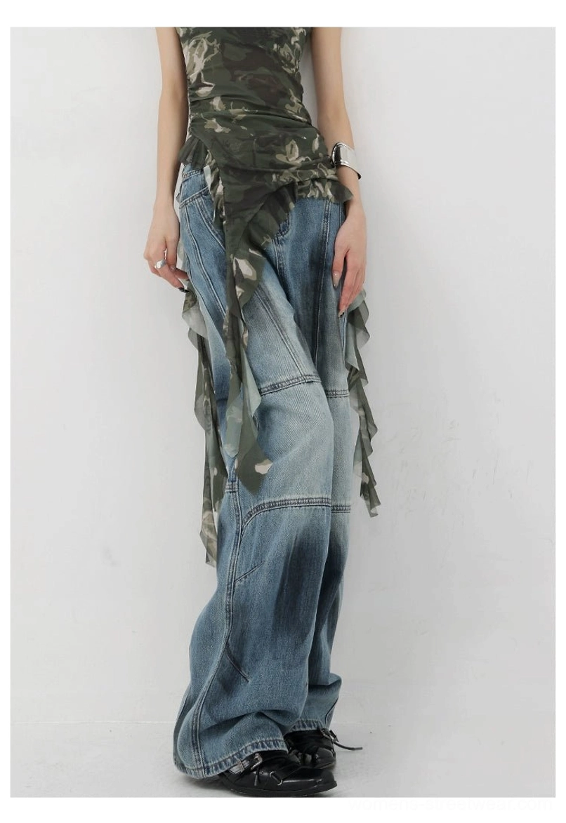 Vintage distressed wide-leg jeans measurement guide diagram showing waist hip length thigh and cuff measurements with conversion to inches and centimeters