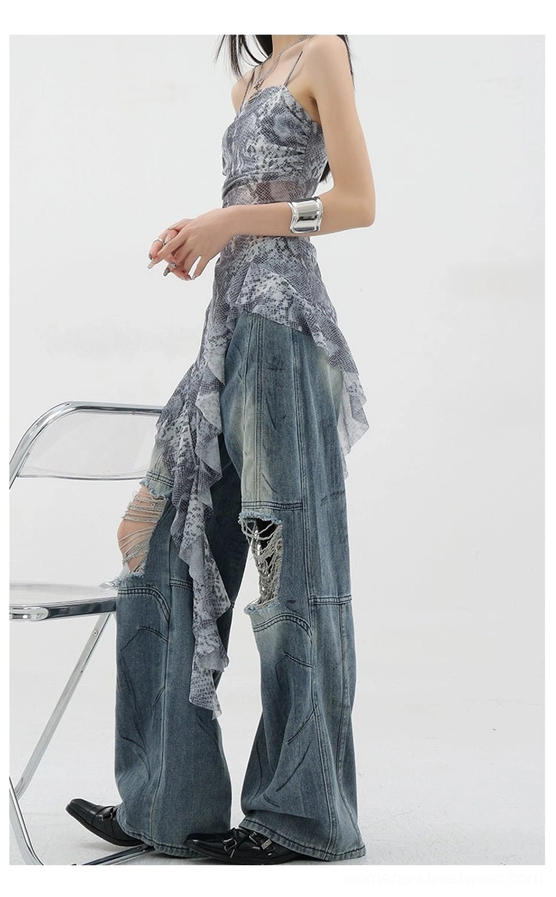 Vintage distressed wide-leg jeans seasonal styling guide showing how to layer and wear jeans through spring summer fall and winter for year-round wear
